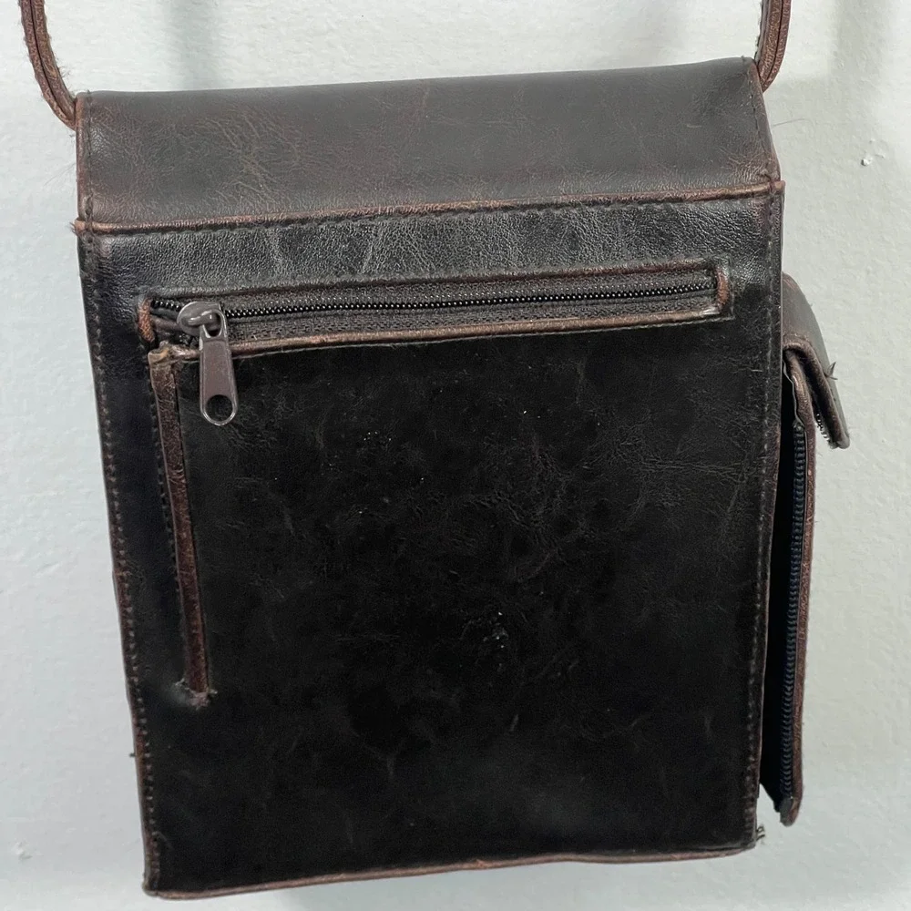 Dark Brown Leather Crossbody Bag Embossed Medallion Small Travel Messenger Purse